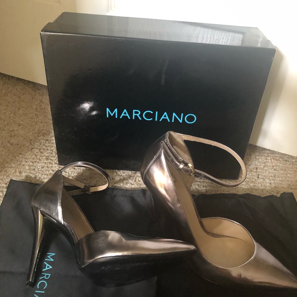 Marciano pewter ankle strap pump heels